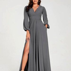LAVETIR 'SPLIT SIDE, MAXI-DRESS / SEMI-SHEER SLEEVES / GRAY / SMALL / STUNNING!